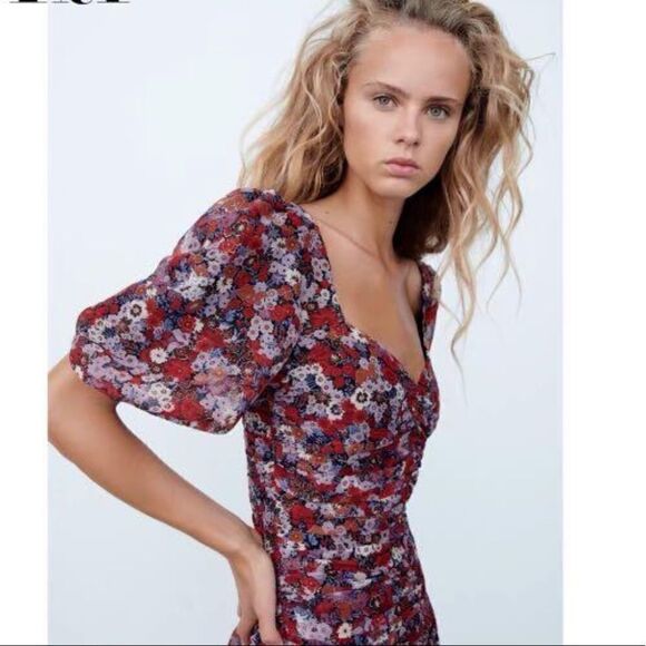 Zara Floral Chiffon Ruched Mini Dress - Picture 10 of 10